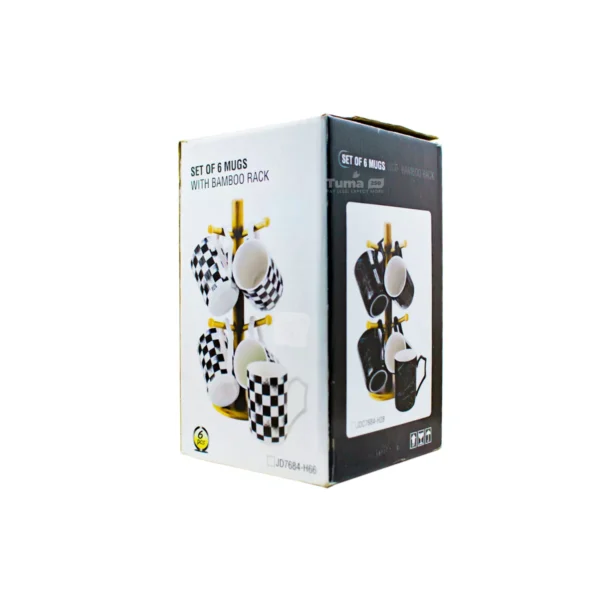 Set of 6 Mugs with Bamboo Rack (White Cups)