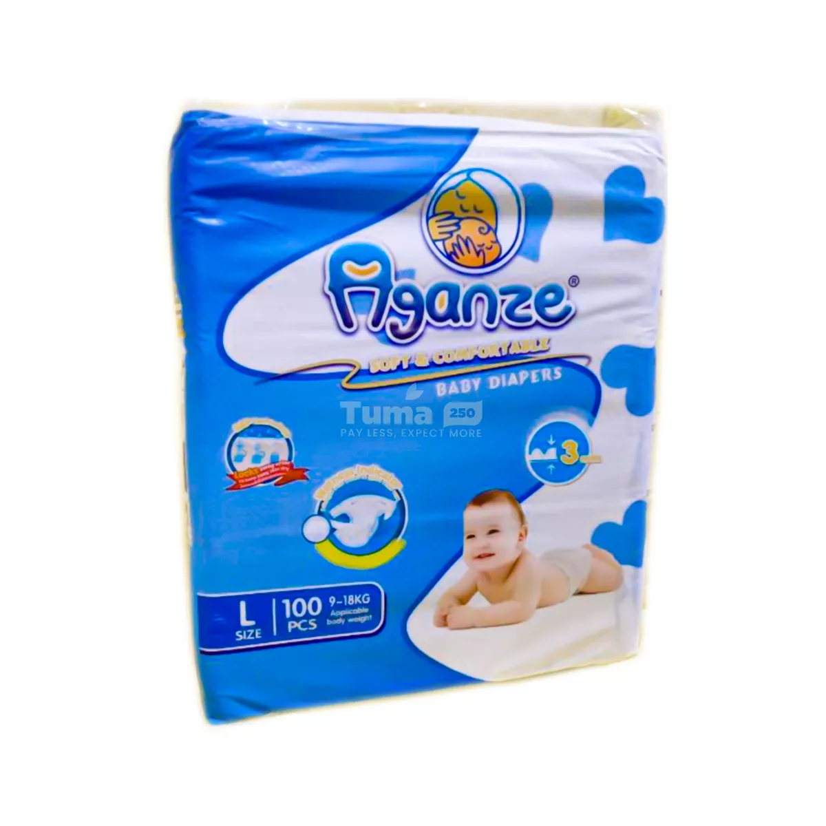 Aganze Soft & Comfortable Baby Diapers L (9-18kg) -100pcs